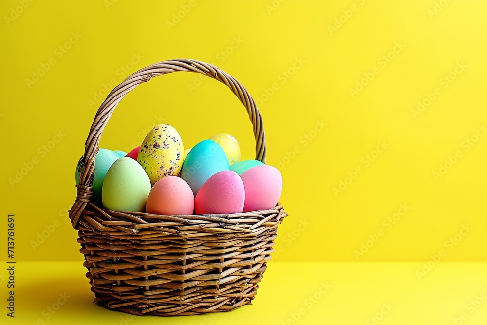 Colorful Easter eggs in a wicker basket on yellow background. Easter celebration concept. Design for banner, greeting card, postcard with copy space. Springtime holidays. Minimalistic composition Colorful Easter eggs in a wicker basket on yellow background. Easter celebration concept. Design for banner, greeting card, postcard with copy space. Springtime holidays. Minimalistic composition