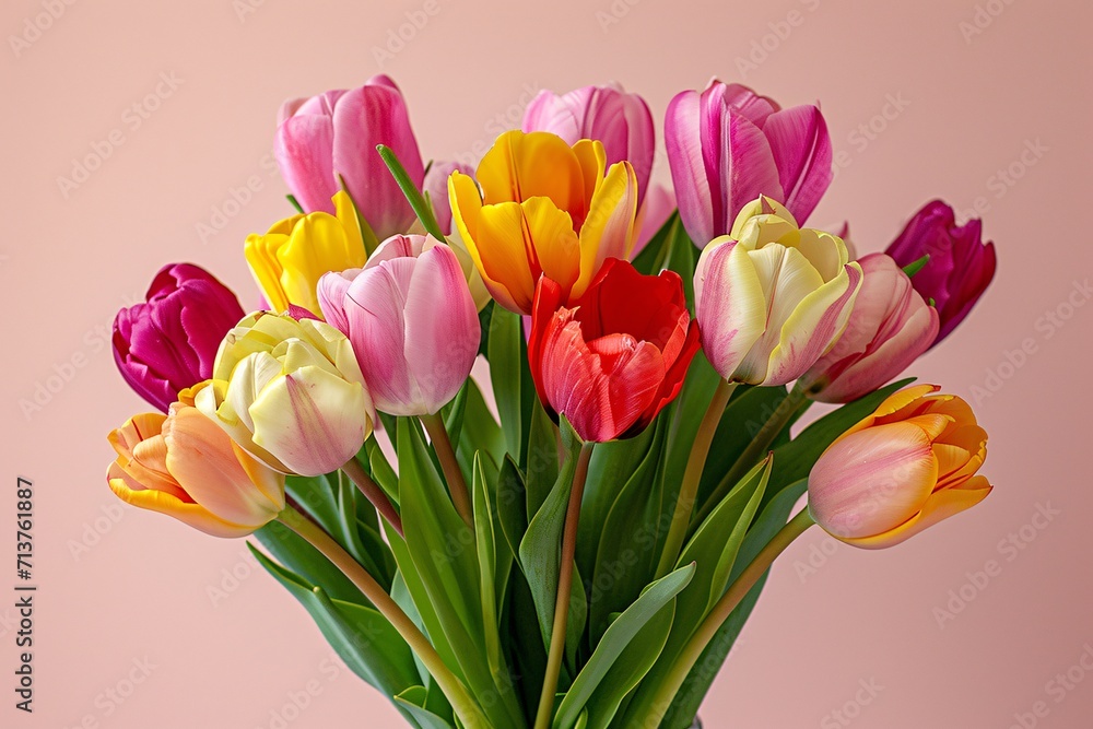 Bouquet of colorful tulips on pink background. Spring flowers concept. Design for greeting card, banner, poster. Springtime holiday Bouquet of colorful tulips on pink background. Spring flowers concept. Design for greeting card, banner, poster. Springtime holiday