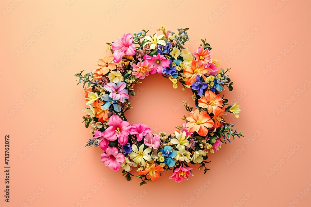Floral wreath on peach background with copy space. Spring or summer decoration concept for design and invitation. Easter celebration. Springtime holidays. Minimalistic composition