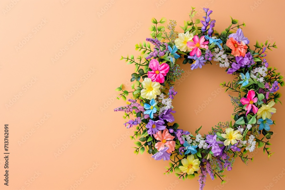 Floral wreath on peach background with copy space. Spring or summer decoration concept for design and invitation. Easter celebration. Springtime holidays. Minimalistic composition Floral wreath on peach background with copy space. Spring or summer decoration concept for design and invitation. Easter celebration. Springtime holidays. Minimalistic composition