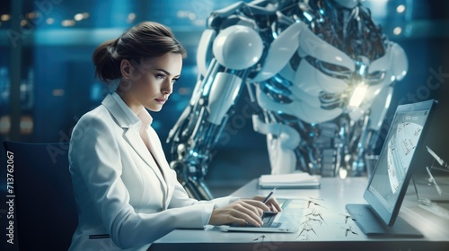 Futuristic cyber business and intelligence robotic working concept in modern global business