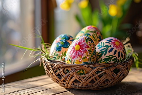 Hand-painted Easter eggs in wicker basket on wooden windowsill. Easter celebration concept. Design for greeting card, banner, poster with copy space