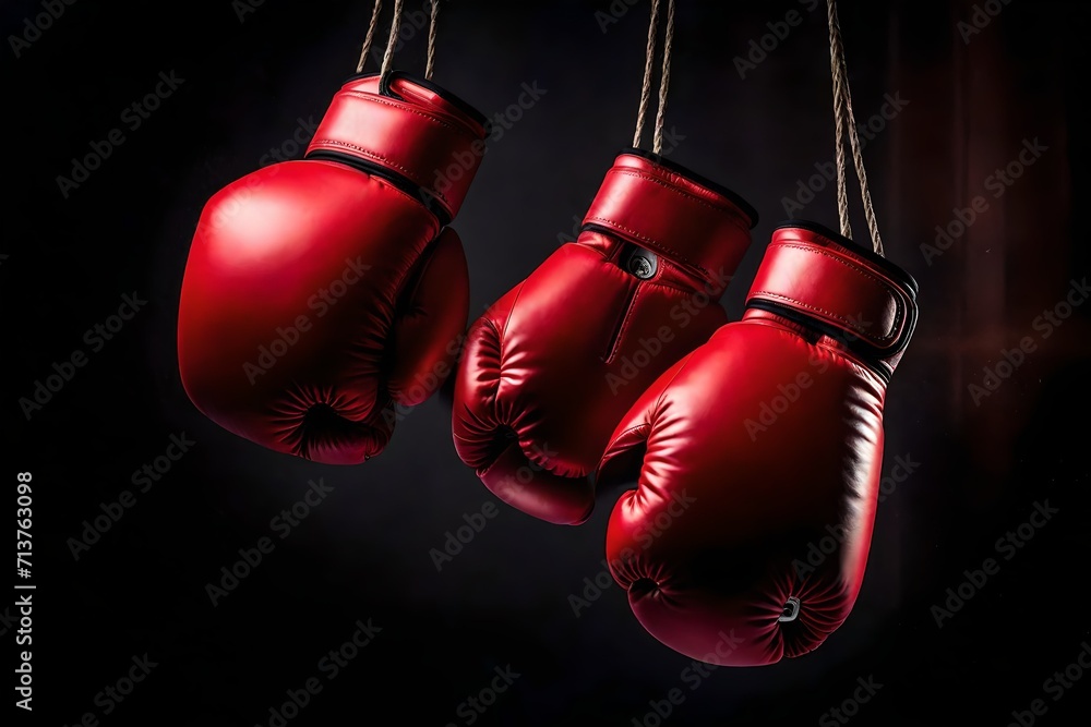 Craft a dynamic AI-generated image highlighting a pair of red boxing gloves hanging, perfectly lit to showcase super-realistic details and emphasize the intensity of the sport. 

