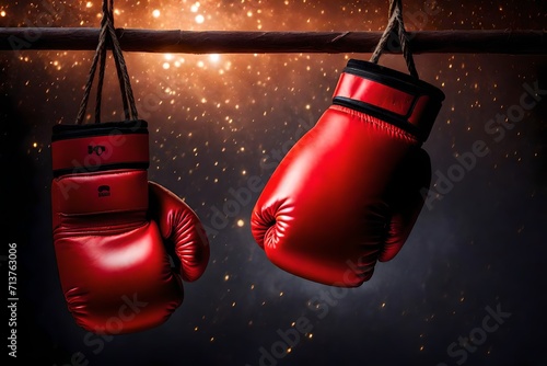 Craft a dynamic AI-generated image highlighting a pair of red boxing gloves hanging, perfectly lit to showcase super-realistic details and emphasize the intensity of the sport.