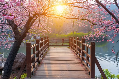 Wooden bridge in a park with blooming cherry blossoms during sunrise. Nature shot. Spring and tranquility concept. Design for greeting card, poster, banner