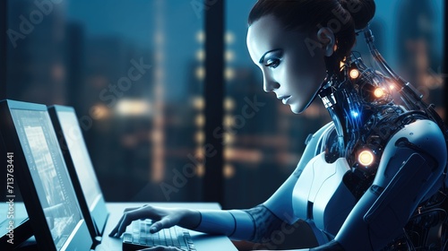 Futuristic cyber business and intelligence robotic working concept in modern global business