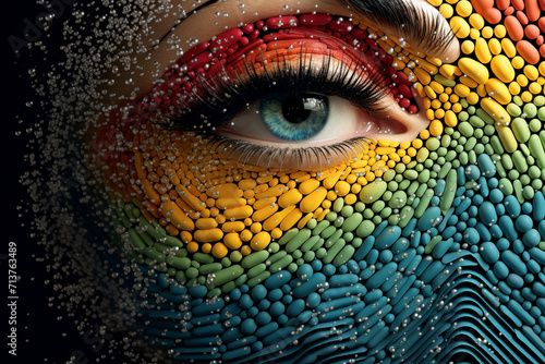 Beauty, style, make-up, fine-art concept. Abstract and surreal colorful woman close-up eye illustration. Vivid colors, minimalist style