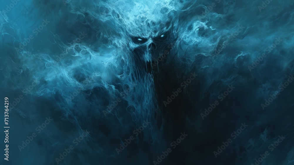 Wispy Smoke Forming a Menacing Monster Face, Suited for Dark Fantasy Art Lovers, Spooky Book Cover Artists, and Horror Film Set Designers - obrazy, fototapety, plakaty 