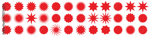 Set of red starburst. Price sticker, sale sticker, price tag, starburst, quality mark, retro stars, sale or discount sticker, sunburst badges, sun ray frames, promotional badge set, shopping labels 