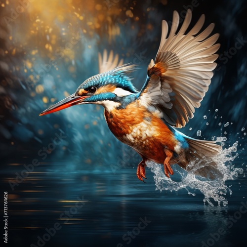 Kingfisher over water flying image Generative AI