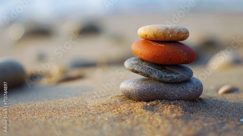 A stack of colorful stones balances on the beach  symbolizing harmony and tranquility.