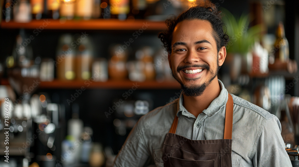 A cheerful male barista with a beard smiles confidently in a café A cheerful male barista with a beard smiles confidently in a café