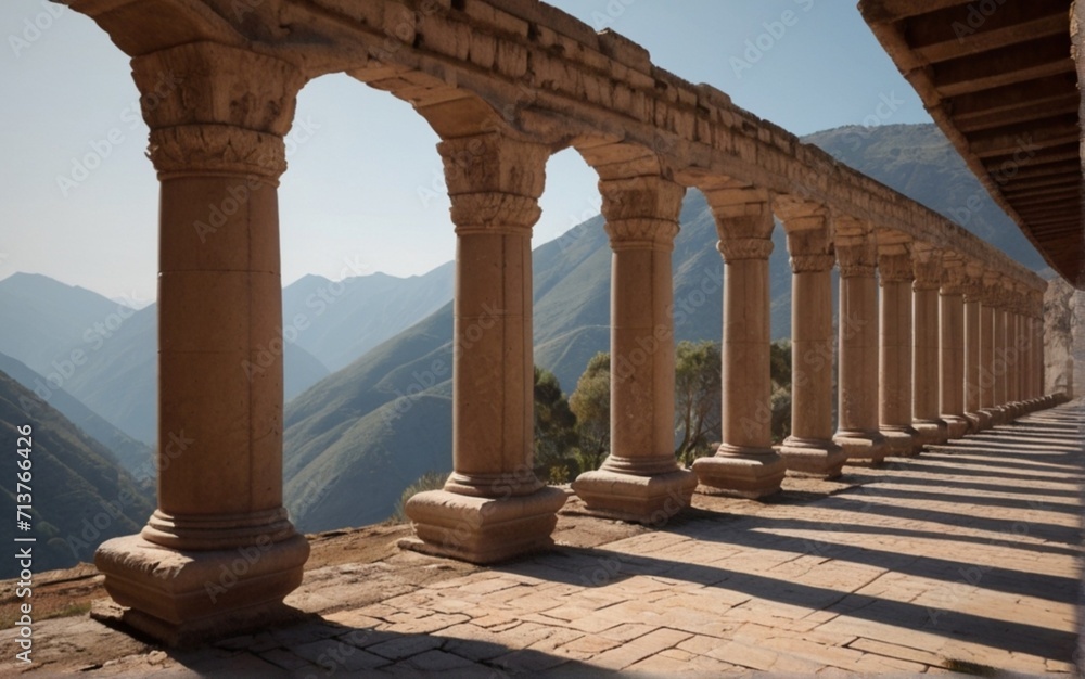 Walkway with ancient roman columns at mountains from AI Generated