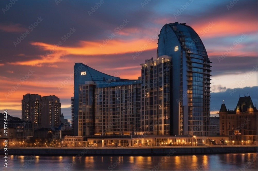 Fototapeta premium On evening at the best hotel in the city from AI Generated