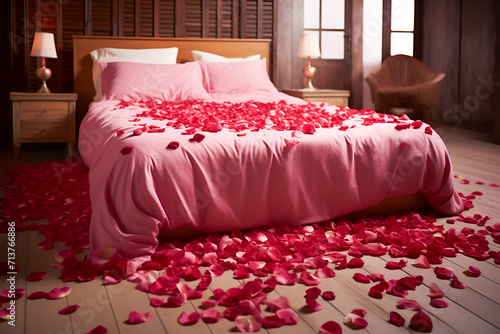 Beautiful atmosphere of romatic bedroom with rose petals