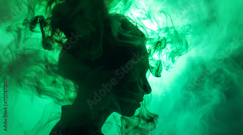 Mystical Woman in Green Smoke experiencing psychedelic superposition