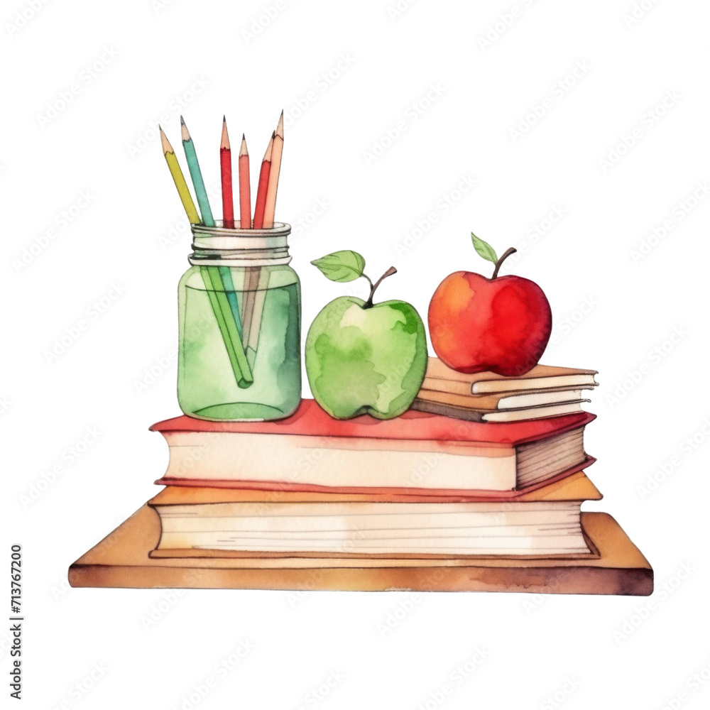 Back to school, Watercolor illustration of school supplies, color pencils and stacked books clipart, PNG Transparent background Back to school, Watercolor illustration of school supplies, color pencils and stacked books clipart, PNG Transparent background