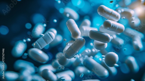 Dynamic cascade of white capsules from a bottle with a blue backdrop symbolizing healthcare