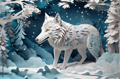 White wolf under snowflakes at the winter forest. 3D paper style illustration. Concept for greeting post cards  New Year and Christmas  calendars  stickers  animal protection. AI generated