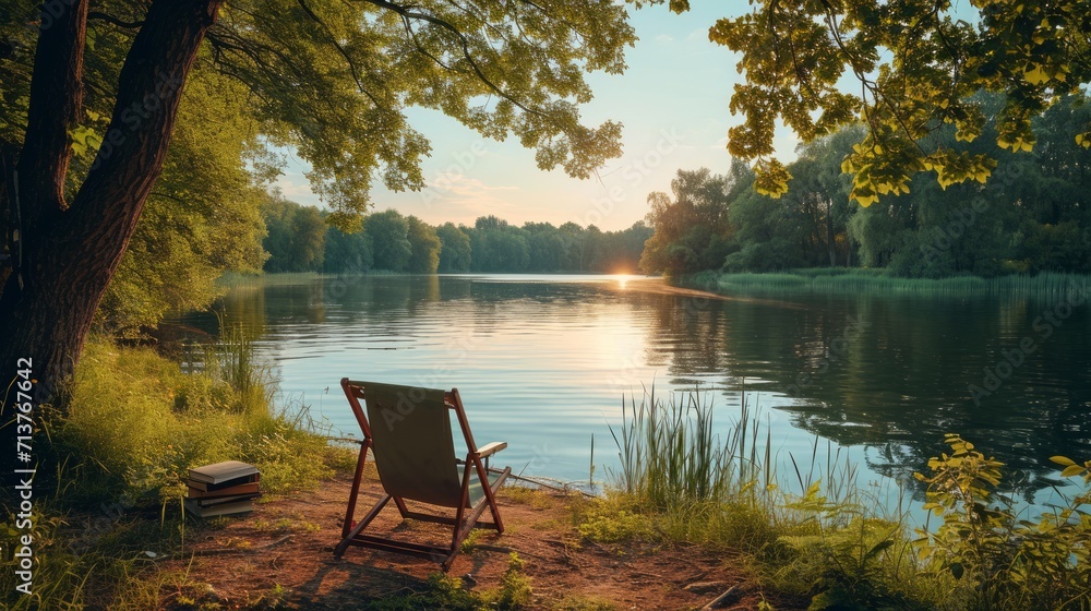 A solitary chair invites contemplation by a tranquil lakeside surrounded by lush greenery.