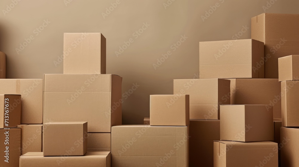 Varied sizes of cardboard boxes stacked against a plain backdrop for packaging concepts - obrazy, fototapety, plakaty 