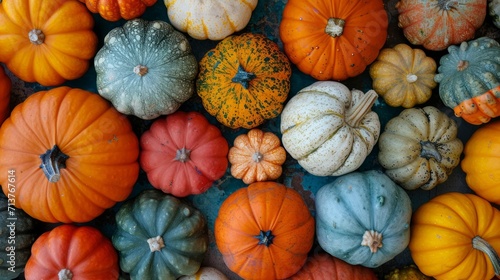 Assortment of colorful pumpkins and gourds on a textured backdrop