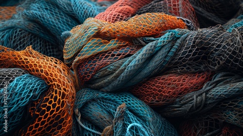 Colorful tangled fishing nets offer a close-up on textures and materials photo
