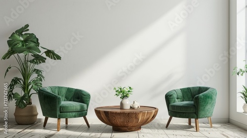 Modern minimalist interior with emerald green armchairs and a wooden coffee table