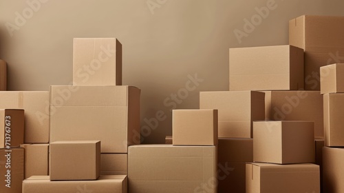 Varied sizes of cardboard boxes stacked against a plain backdrop for packaging concepts