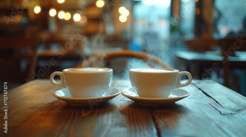 Steamy coffee cups on a wooden table invite a cozy conversation in a warm cafe setting photo