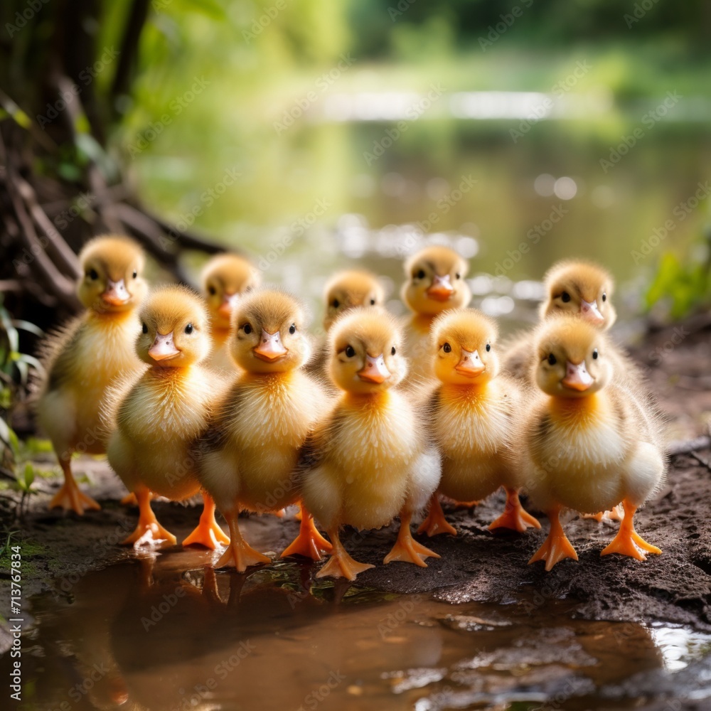 Many beautiful baby ducklings standing image Generative AI