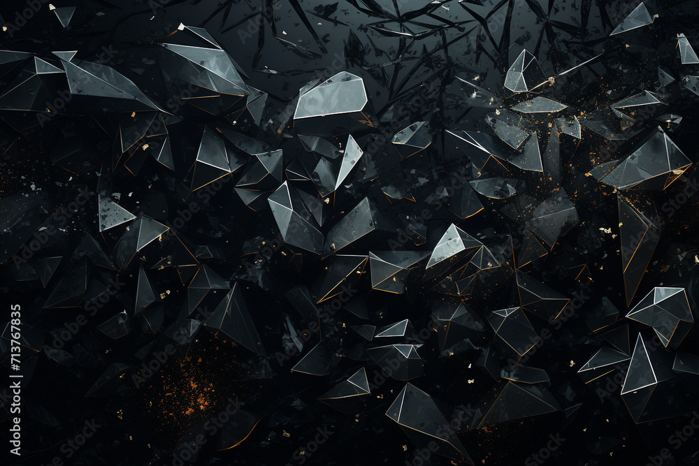 Graphic resources. Abstract and futuristic black background with copy space. Broken and explode black material particles and fragments - obrazy, fototapety, plakaty 