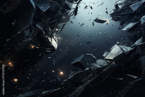 Graphic resources. Abstract and futuristic black background with copy space. Broken and explode black material particles and fragments
