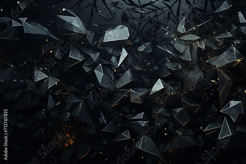 Graphic resources. Abstract and futuristic black background with copy space. Broken and explode black material particles and fragments photo