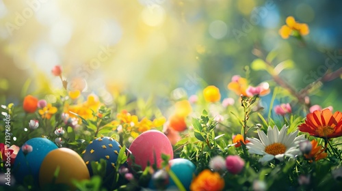 A Colorful Easter Egg Hunt in a Blooming Garden, Text Space