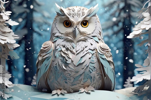 White owl under snowflakes at the winter forest. 3D paper style illustration. Concept for greeting post cards, New Year and Christmas, calendars, stickers, animal protection. AI generated photo