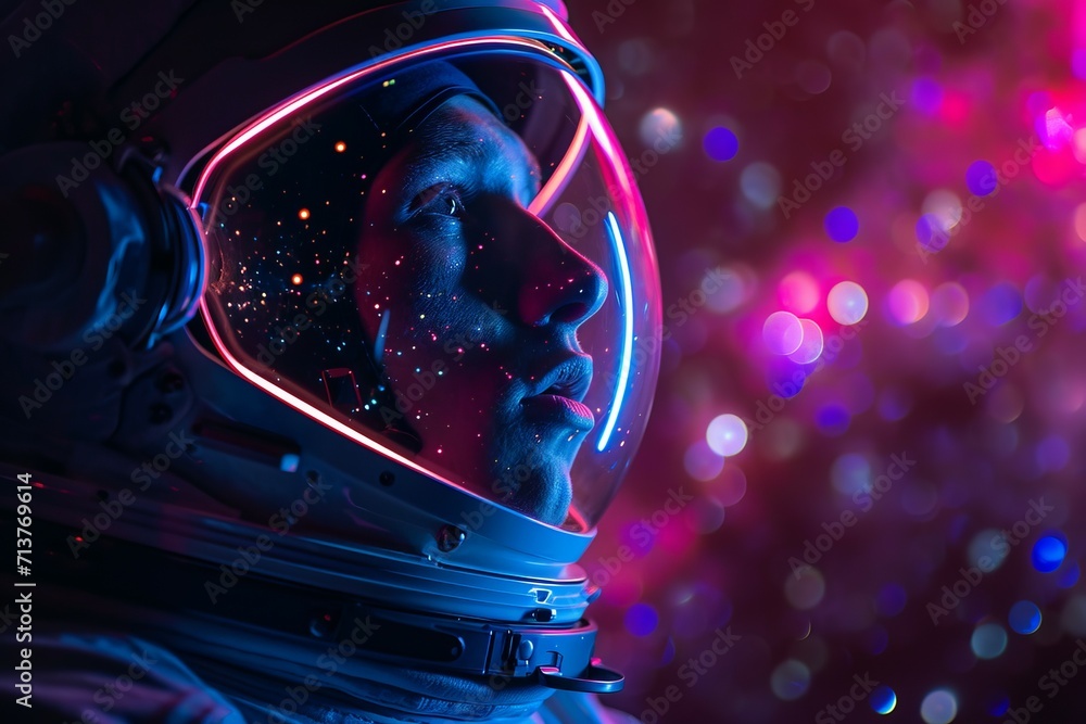 A close-up portrait of an astronaut helmet and visor reflecting a vivid cosmic array of stars and nebulae, evoking a sense of deep space exploration.