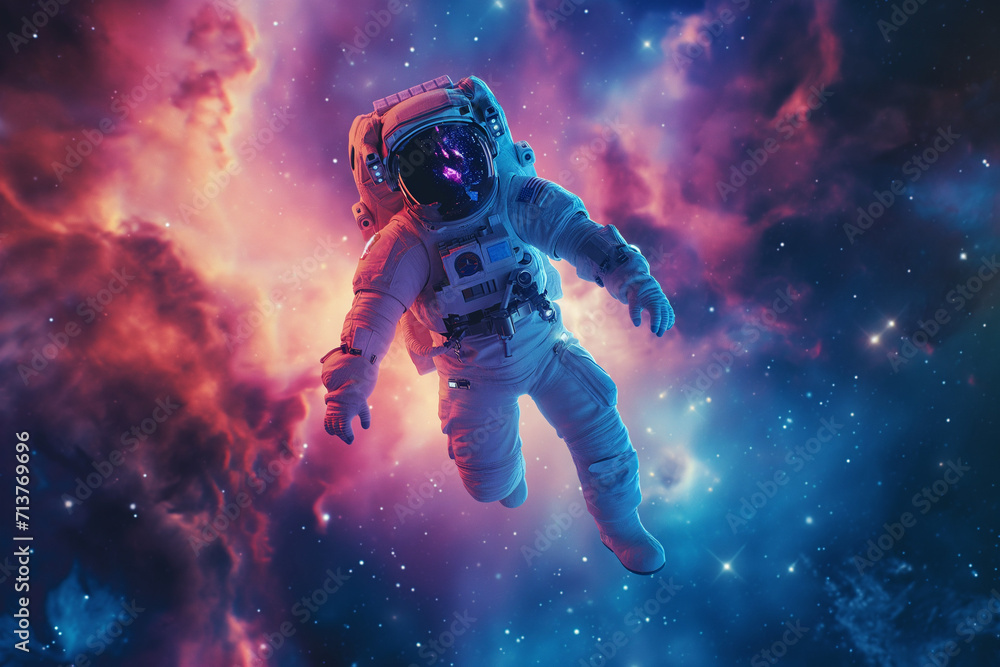 A surreal portrait of an astronaut floating weightlessly against a vibrant backdrop of a cosmic nebula filled with stars. A surreal portrait of an astronaut floating weightlessly against a vibrant backdrop of a cosmic nebula filled with stars.