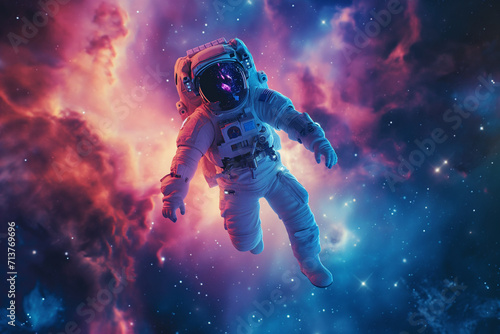 A surreal portrait of an astronaut floating weightlessly against a vibrant backdrop of a cosmic nebula filled with stars.