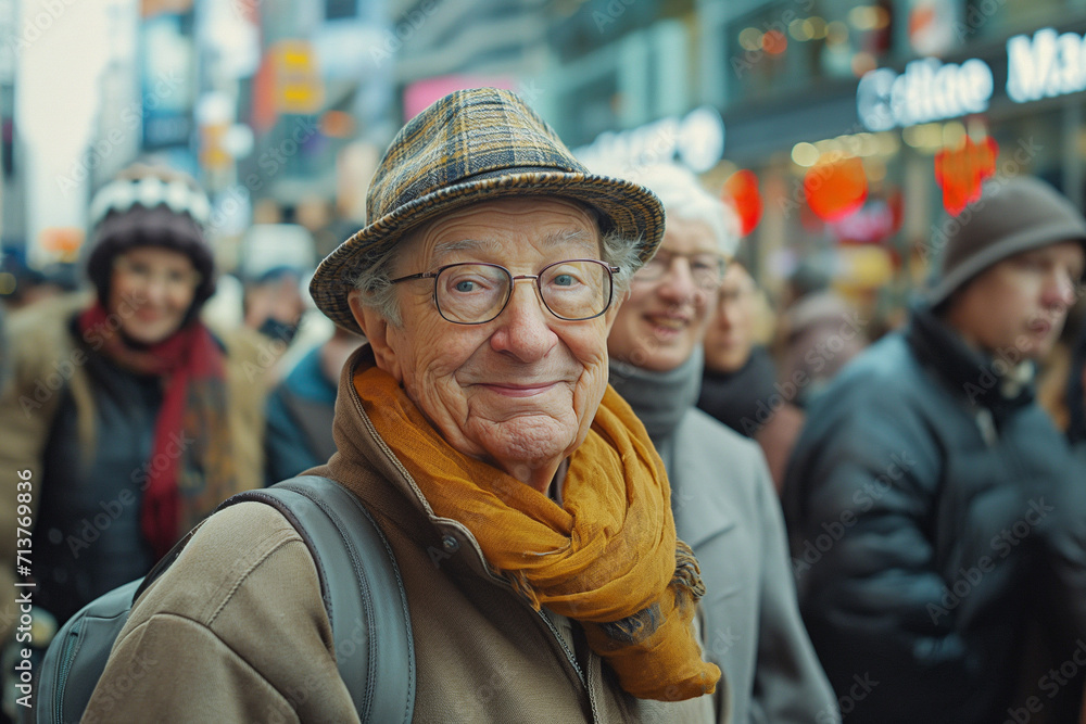 Warmly Dressed Elderly Man with a Charming Smile Wearing Glasses and a Tweed Hat in a Busy Urban Setting