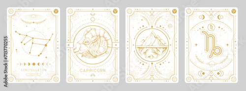 Set of Modern magic witchcraft cards with astrology Capricorn zodiac sign characteristic. Vector illustration