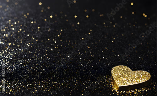 A small gold heart on a sparkling black background. Generative AI