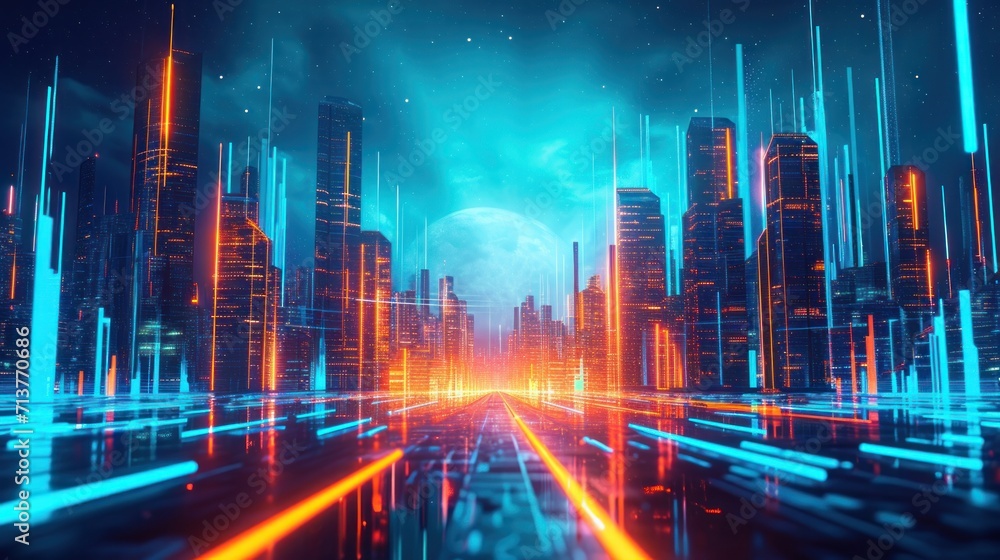 cityscape with space and neon light effect. Modern hi-tech, science, futuristic technology concept. Abstract digital high tech city design for banner background