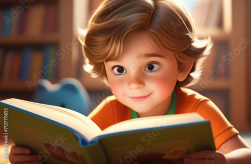 Kid reading a book, childrens book illustration style