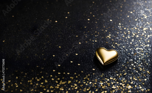 A small gold heart on a sparkling black background. Generative AI