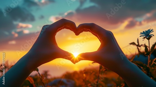 Gentle hands cradling a heart-shaped frame against the backdrop of a sunrise or sunset, blending with the beauty of nature. photo