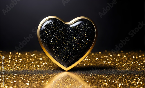 A small gold heart on a sparkling black background. Generative AI