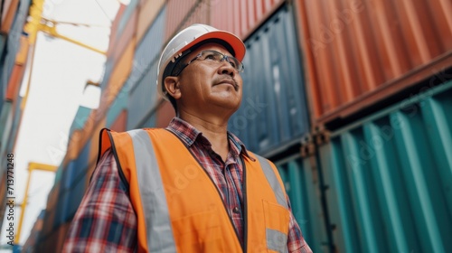 Hispanic man harbor worker and control loading containers at container warehouse. container yard port of import and export goods, container, import and export goods, industrial, transportation