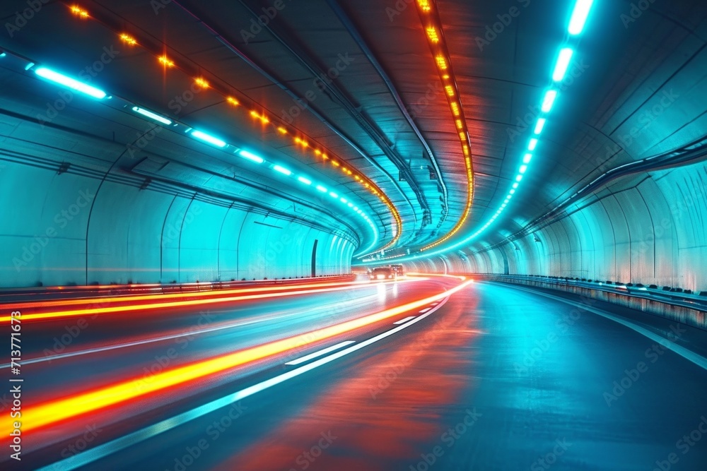 Car light trails in a tunnel. Concept of rapid rhythm of a modern city.