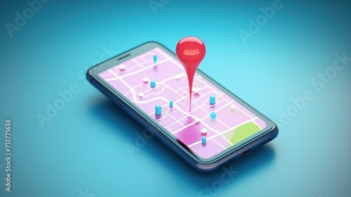 Smartphone with map, 3D Map pins, GPS, navigator pin checking points, 3D World Map icon, technology and application mobile smart phone with mobile, delivery tracking, transportation, generate by AI